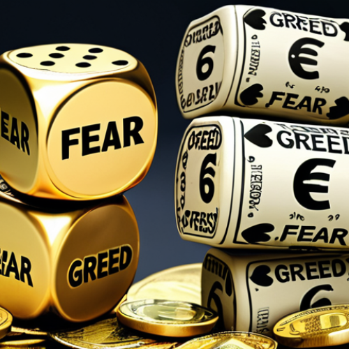 Home 4 **Image Prompt:** A precarious stack of golden Euros, wobbling under the weight of oversized dice labeled "Fear" and "Greed." In the background, fragmented news headlines display both market booms and crashes, symbolizing investor psychology. Style: Conceptual, slightly surreal, dramatic lighting.