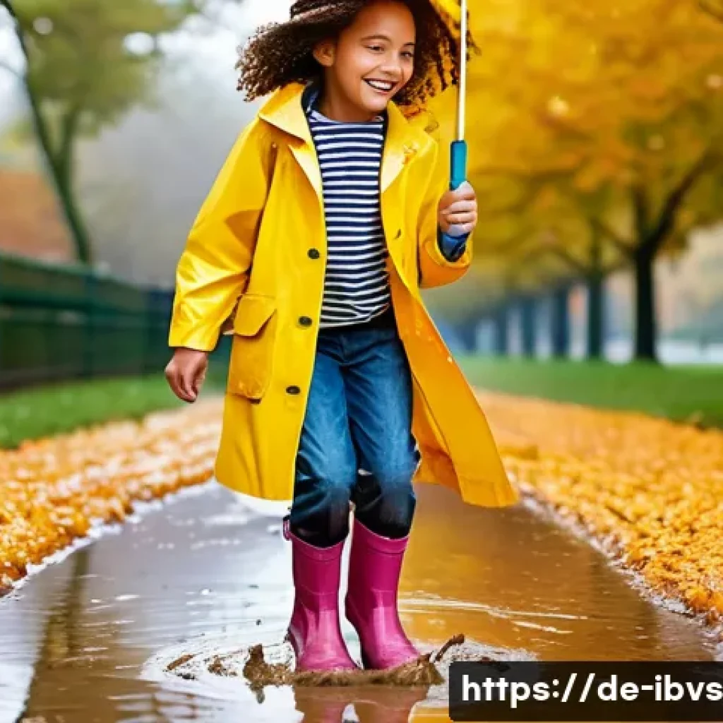리스크 관리 투자와 시장 기회 탐색 - **Image Prompt:** A young girl (8 years old) wearing a bright yellow raincoat and patterned rain boo...