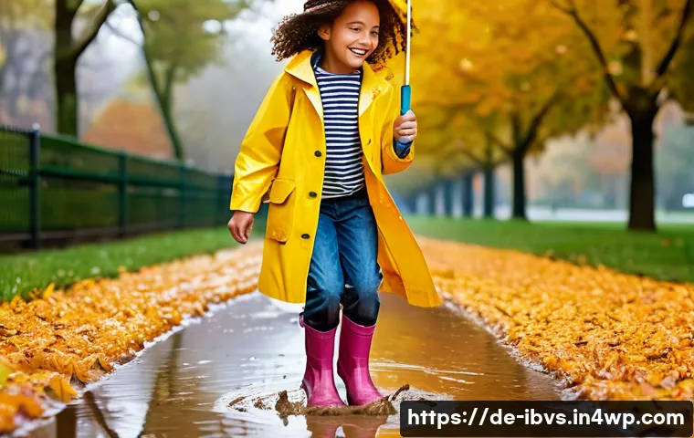 리스크 관리 투자와 시장 기회 탐색 - **Image Prompt:** A young girl (8 years old) wearing a bright yellow raincoat and patterned rain boo...