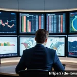 Home 21 리스크 관리 투자와 글로벌 경제 동향 - A sophisticated financial analyst in a modern Berlin office, surrounded by multiple large digital sc...