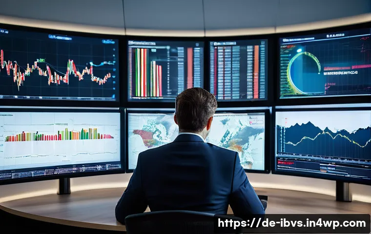 리스크 관리 투자와 글로벌 경제 동향 - A sophisticated financial analyst in a modern Berlin office, surrounded by multiple large digital sc...