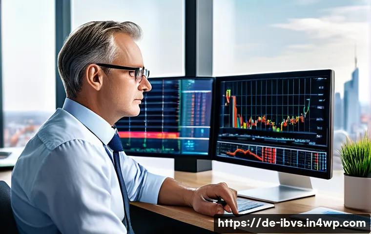 리스크 관리 투자와 법적 규제 - A modern German investor’s home office scene during a market fluctuation moment: a middle-aged man w...