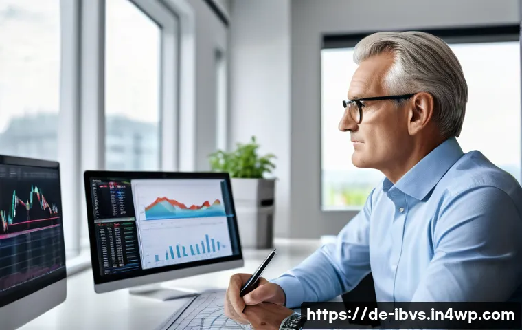 리스크 관리 투자 전문가에게 배우기 - A professional middle-aged German investor sitting at a modern desk in a bright home office, analyzi...