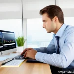 Home 23 리스크 관리 투자 세미나 참가하기 - A professional German investor sitting calmly at a modern desk in a bright home office, analyzing di...