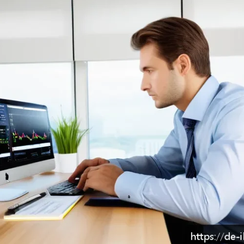 Home 17 리스크 관리 투자 세미나 참가하기 - A professional German investor sitting calmly at a modern desk in a bright home office, analyzing di...