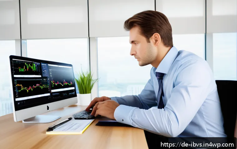 리스크 관리 투자 세미나 참가하기 - A professional German investor sitting calmly at a modern desk in a bright home office, analyzing di...